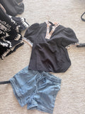 Leopard Trim Puff Sleeve Blouse