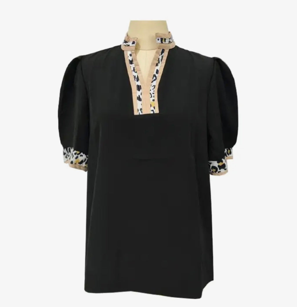 Leopard Trim Puff Sleeve Blouse