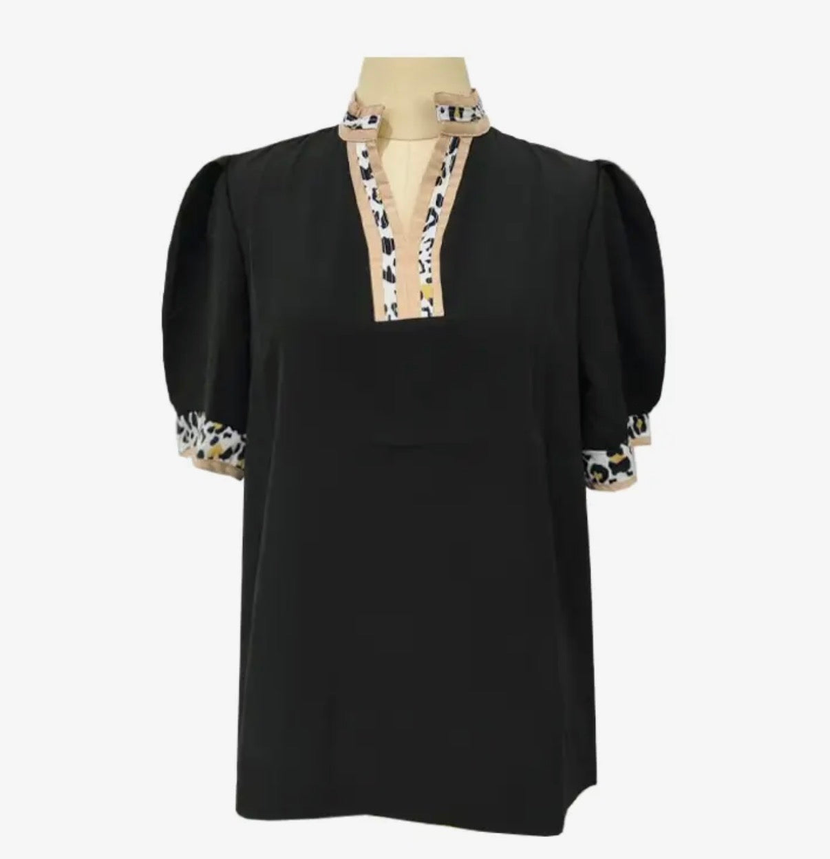Leopard Trim Puff Sleeve Blouse